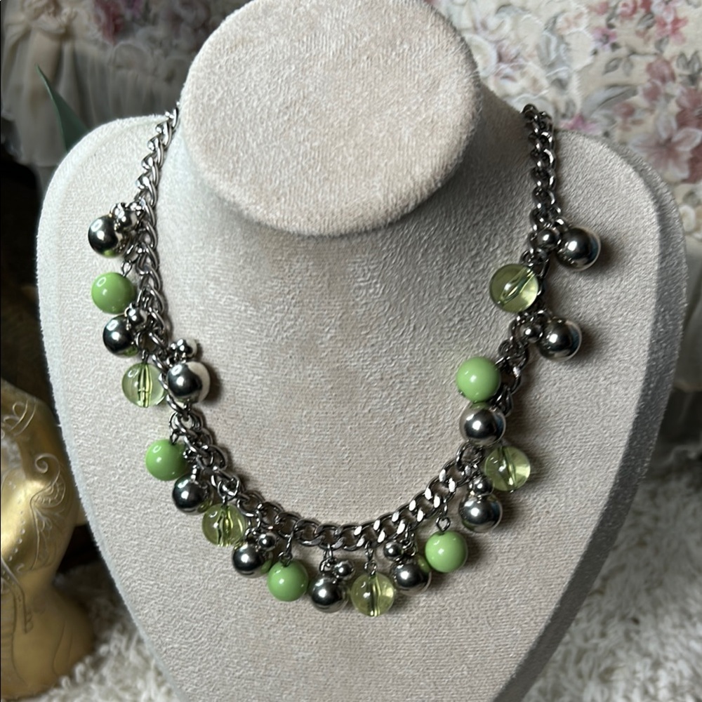 Silver and Green Beaded Necklace